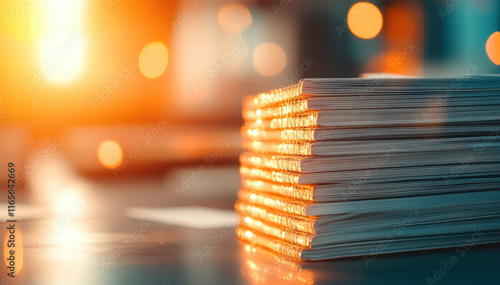 Poster stacks of organized documents illuminated by warm light, creating serene atmosphere for productivity