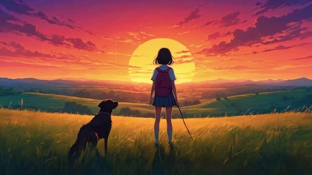 A girl standing with her dog, gazing vibrant sunset over rolling hills, tall grass swaying breeze, 2d flat anime-style illustration, 4k lofi hip-hop bites landscape music animation video