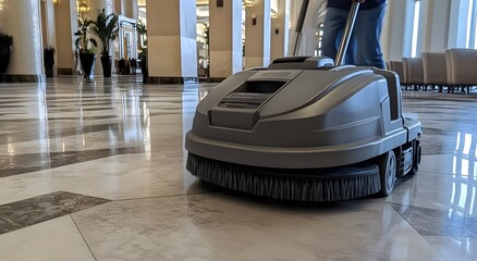 Close-up of a modern floor cleaner used in a home or hotel lobby. It is polishing the floor to make it look clean. A modern mini machine for cleaning or polishing floors.