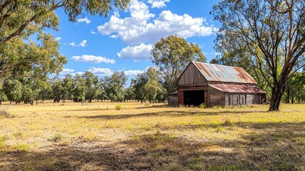 Fototapeta premium Rustic barn surrounded by trees under a bright blue sky with scattered clouds.