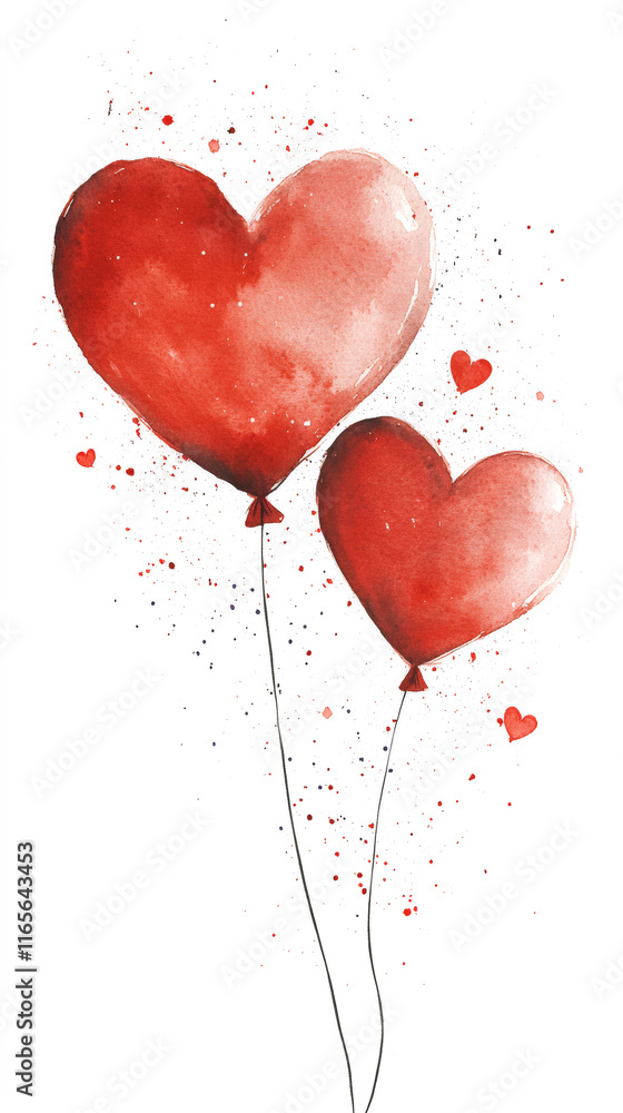 Poster watercolor painting of two red heart shaped balloons floating on a white background with paint splat