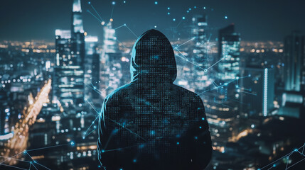 Hacker are planning to hack and attack networks and cyber security systems. Smart Innovation city with connection future wireless digital city and social media networking over the  cityscape.	