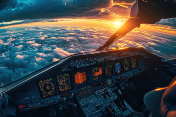 A cockpit view at sunset above the clouds, showcasing flight instruments and a vibrant sky.