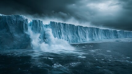 Fototapeta premium Dramatic Antarctic glacier calving with massive ice chunks falling into the ocean, creating splashing waves under a stormy sky. Deep blue glacial ice contrasts with the pristine wilderness.