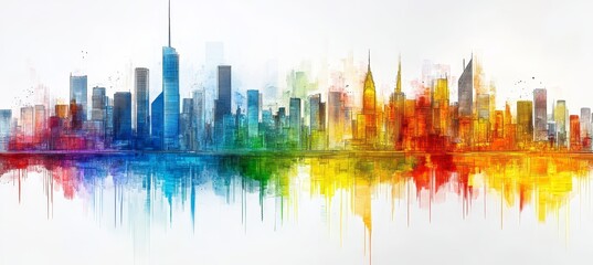 Obraz premium Vibrant City Skyline, Abstract Watercolor Splashes Expressing Urban Energy and Growth