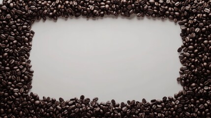 A panoramic border of fresh coffee beans arranged neatly on a white background