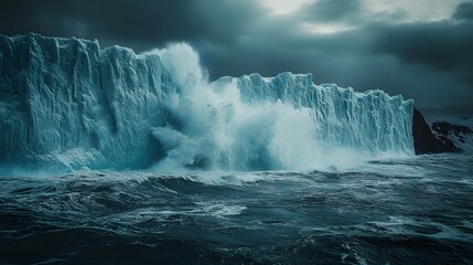 Fototapeta premium Dramatic Antarctic glacier calving with massive ice chunks falling into the ocean, creating splashing waves under a stormy sky. Deep blue glacial ice contrasts with the pristine wilderness.