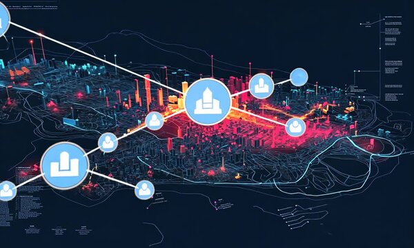 A vibrant 3D map visualizing urban data with colorful buildings and terrain features.