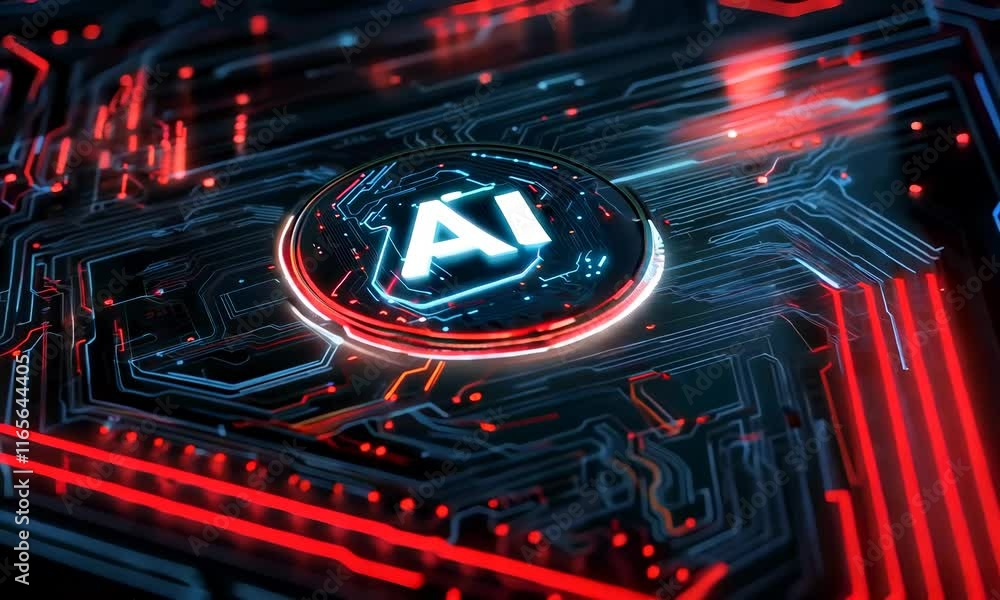 Poster logo with the word ai in white, surrounded by circuit patterns and glowing lines on a dark backgroun
