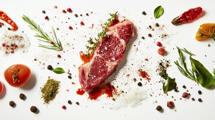 A raw steak surrounded by various spices, showcasing the carnivore diet concept, isolated on a white background