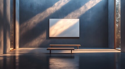 Fototapeta premium Minimalist art gallery interior with an illuminated white canvas and a wooden bench. Polished concrete floors and dramatic spotlighting create a clean modern exhibition space with shadow play.