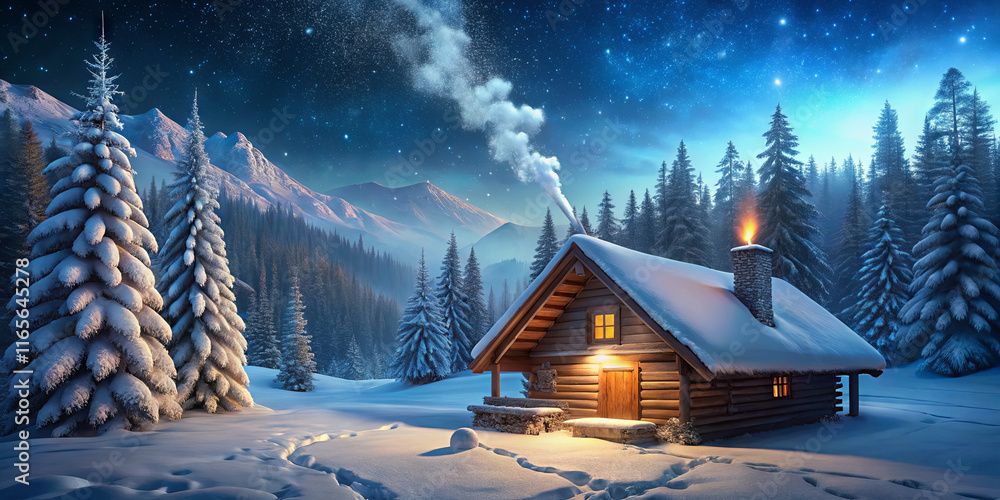 Poster a log cabin with warm light glowing from the windows is nestled in a snowy forest. tall pine trees a