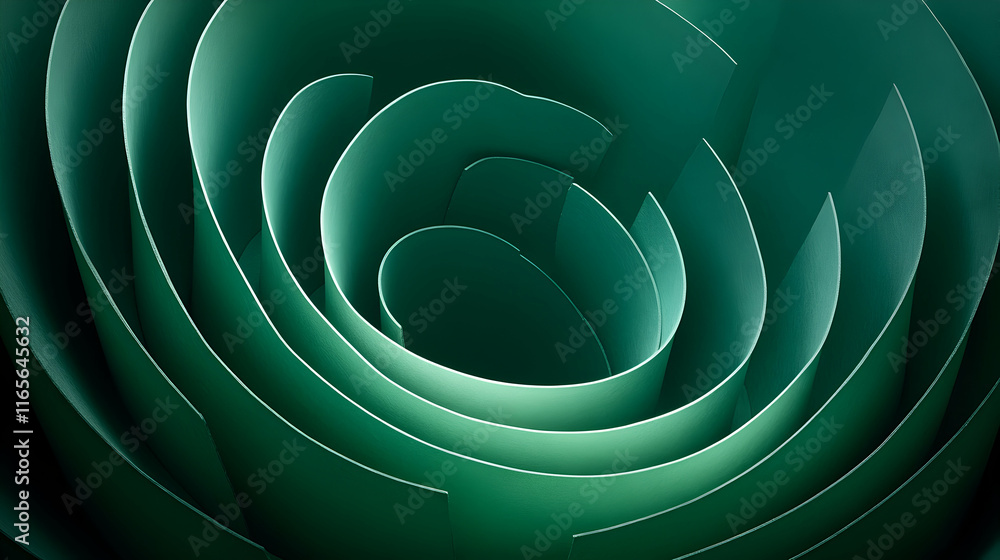 Poster abstract green paper swirls, creating a mesmerizing vortex effect. perfect for design backgrounds, w