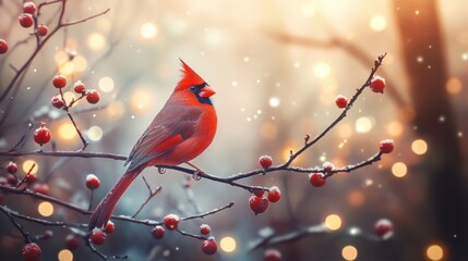 Cardinal perched on a branch in a snowy forest with bokeh lights