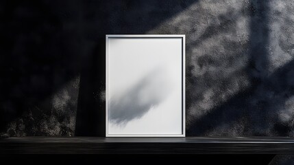 Minimalist white photo frame mockup on a black wooden table, set against a sleek black wall. Studio lighting and dust particles in the air emphasize the clean modern design and matte finish.
