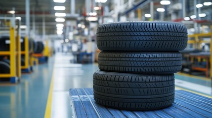 Three New Tires Stacked in a Modern Tire Manufacturing Facility