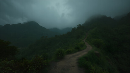 at night a footpath through a hilly landscape, jungle mountains on the left side, the heat is oppressive, the air humidity is high, medieval setting