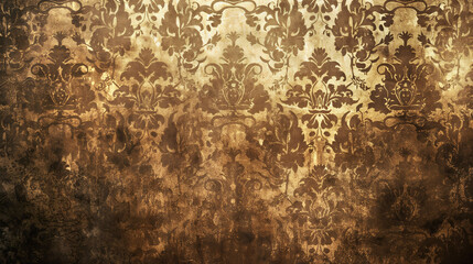 Sophisticated dark damask pattern on aged golden surface with dramatic shadowing. Mysterious vintage wallcovering showing classical design with weathered charm.