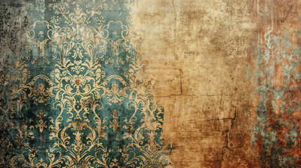 Weathered turquoise damask wallpaper transitioning into distressed beige plaster. Vintage wall with faded baroque pattern showing beautiful signs of decay and age for a background