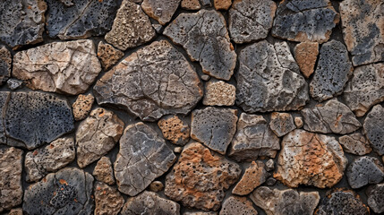 Fototapeta premium Textured volcanic stone wall with irregular shaped rocks in various shades of gray and brown, showing natural patterns and rough surface detail