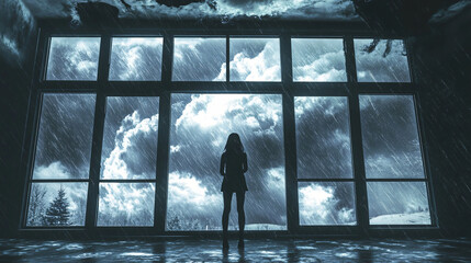 Fototapeta premium A person standing in front of a large window during a storm, contemplating the chaos outside.
