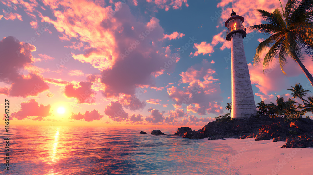 Poster Sunset over a lighthouse on a tropical beach with palm trees and colorful clouds