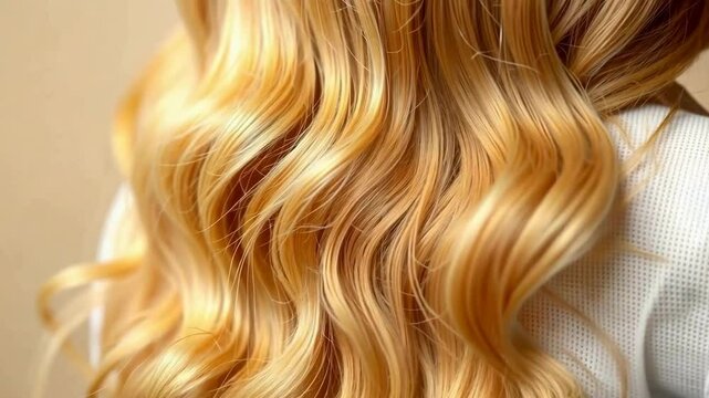 long blonde hair with a golden hue, styled in large waves. The hair looks shiny and well-groomed.