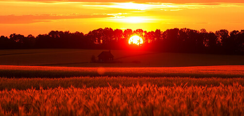 Obraz premium A vibrant sunset casts a warm glow over expansive golden fields, while trees create a dark silhouette against the colorful sky. A cozy home is nestled in the landscape, adding charm