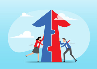 business people push arrow jigsaw to join to success