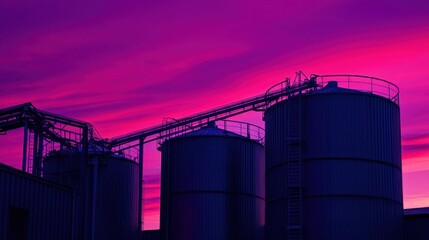 Obraz premium Industrial Silos with Vibrant Sunset Sky in Purple and Pink Tones
