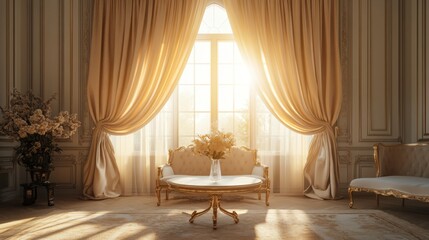 Luxurious Sunlit Room with Elegant Drapes and Floral Arrangement