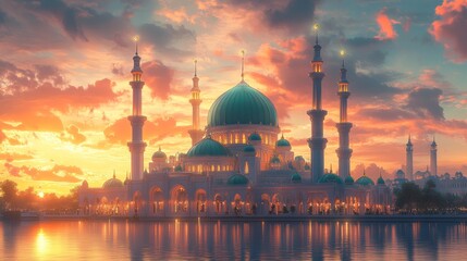 Serene Mosque Sunset Illustration