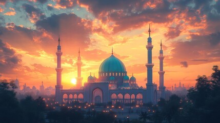 Obraz premium Serene Mosque Sunset Illustration