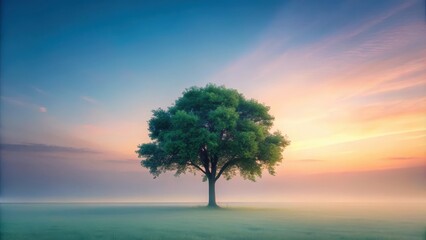 Obraz premium Solitary Tree in a Misty Field at Sunrise, a Serene and Peaceful Landscape