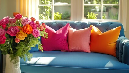 A blue sofa with pink and orange pillows against the wall