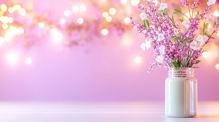 Obraz premium Pink flowers in glass vase on table with bokeh lights.