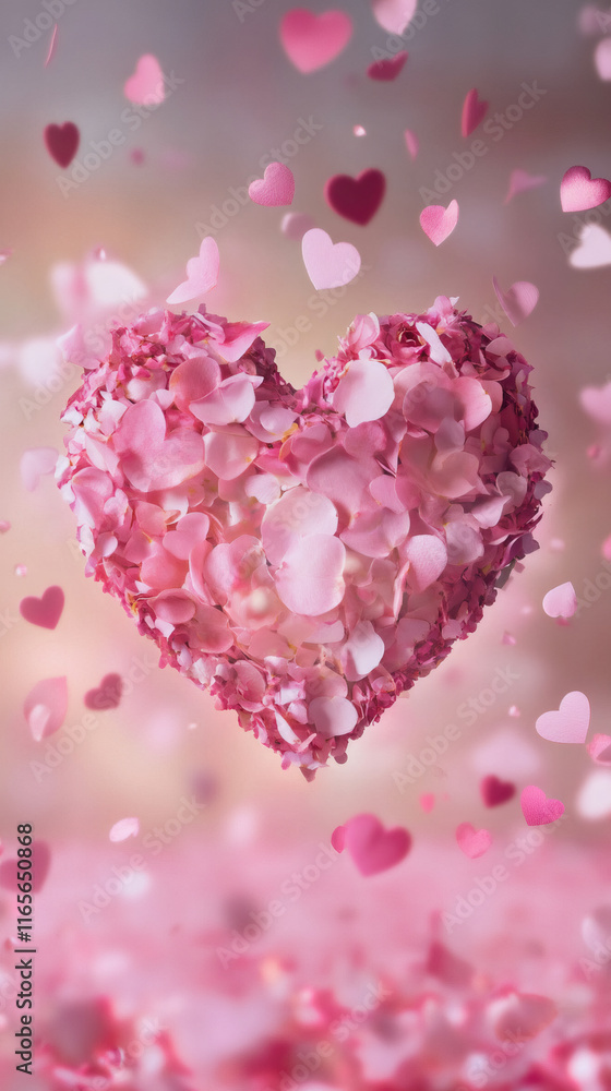 Poster delicate pink petals forming heart shape floating amid scattered smaller hearts, creating romantic v