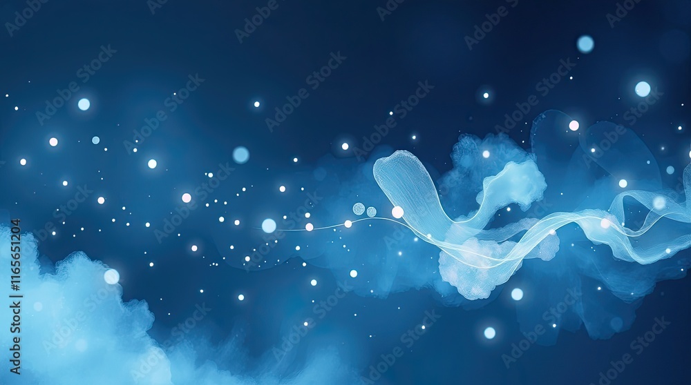 Poster glowing particles and ethereal shapes float in a tranquil blue backdrop, generating a dreamy ambianc