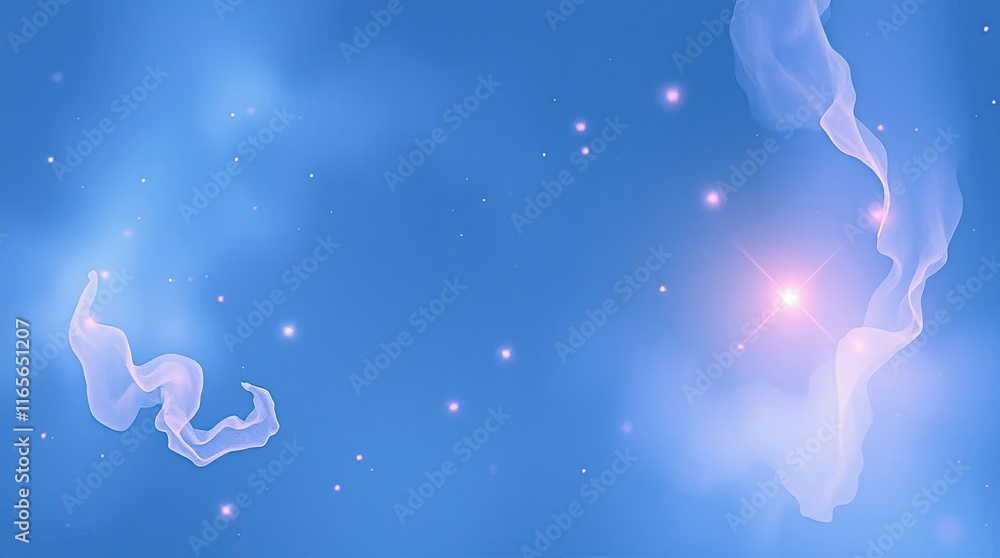 Poster soft wisps of light clouds flow gently against a tranquil blue backdrop, illuminated by sparkling st