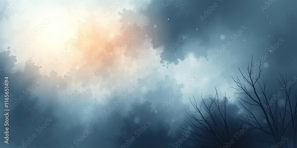 Poster a calm and eerie dusk scene features a soft, hazy sky illuminated by a gentle light, while dark, bar