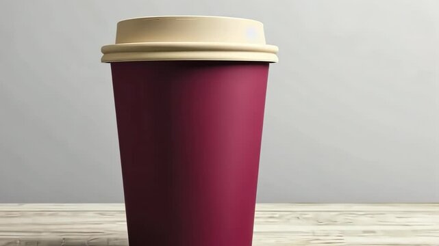Front view of Magenta coffee paper cup. Mockup with lid. Set of craft maroon paper cup for hot tea on beige background. Zero waste, plastic free concept. Disposable Recycled cup. Coffee to go mock-up