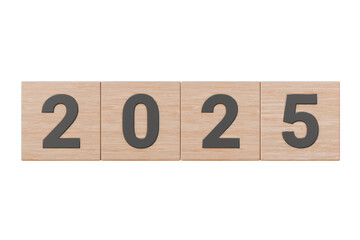 3d Wooden box cube with text 2025 icon. Transitioning from 2024 to 2025 with wooden blocks concept. New business goal strategy. Wooden Cube word 2025 isolated on transparent background. PNG 3d render.