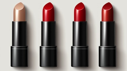 Obraz premium Four lipsticks in nude, red, crimson, and burgundy shades with black tubes, isolated on a light grey background.