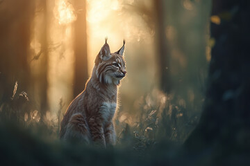 A serene lynx sits gracefully in a sunlit forest, capturing the beauty of wildlife.