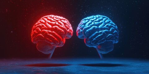 Obraz premium A striking visual of two brains, one red and one blue, symbolizing duality, thought processes, or emotional balance in a futuristic setting.