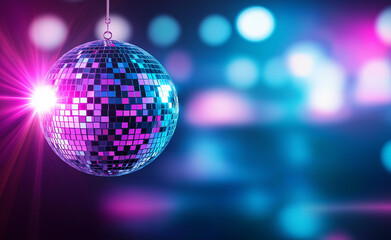 A shiny disco ball reflecting vibrant pink and blue lights, creating a dynamic and retro party atmosphere.