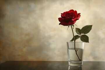 Elegante rote Rose in beleuchteter Vase auf hellen Hintergrund

