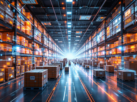 Futuristic warehouse with automated robots and glowing blue lights managing inventory on tall shelves.
