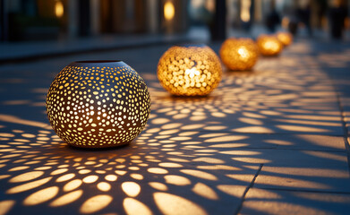 Fototapeta premium Row of intricate metal lanterns glowing warmly at sunset, creating a serene and artistic outdoor ambiance.