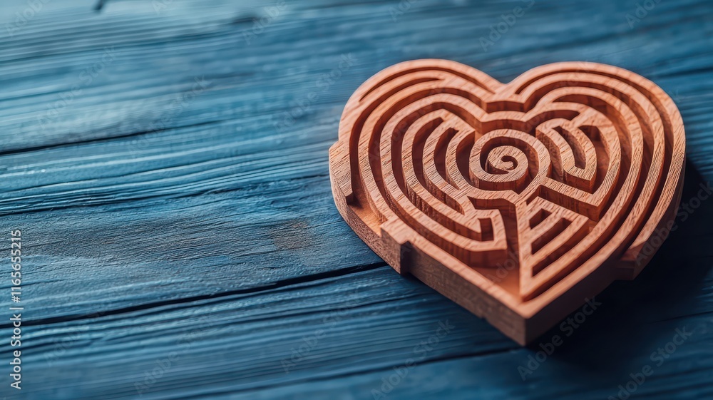 Poster heart-shaped labyrinth symbolizing interplay and creativity. surrealistic image for metaphor.